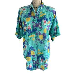 Bila of California Shirt Women Size Medium Blue Floral Rayon Tropical Button Up